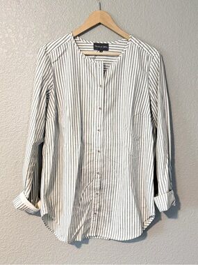 Michael Stars White Button-Down Shirt with Black Vertical Stripes